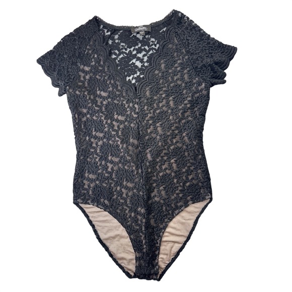 bebe Tops - Bebe Addiction Black Lace Bodysuit Short Sleeve V-Neck Tan Lining Large sheer
